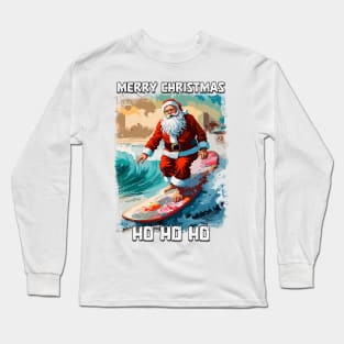 Funny Santa Claus surfing in the summer pop art illustration Long Sleeve T-Shirt